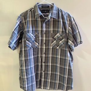 Blue and gray plaid short sleeve button polo